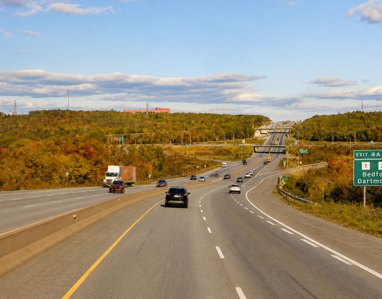 Highway 102 near Bedford and Dartmouth, Nova Scotia during golden hour